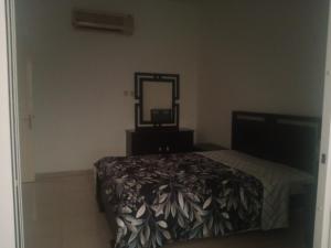 ein Schlafzimmer mit einem Bett mit einer Kommode und einem Spiegel in der Unterkunft Furnished hone stay villa with attached bathroom with balcony in El Ain