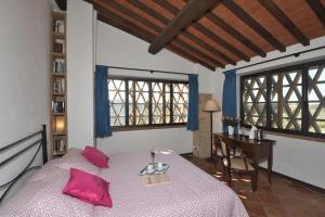 a bedroom with a bed and a desk and two windows at Paglia in SantʼAppiano