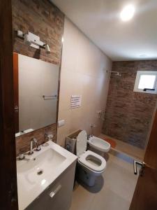a bathroom with a sink and a toilet and a mirror at la elegida in Mar Azul
