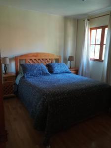 a bedroom with a bed with blue sheets and a window at Cabañas Lomas del Manzano in San José de Maipo