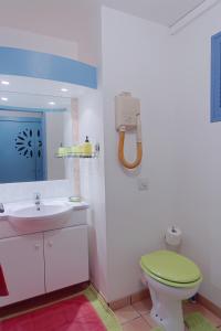 ein Badezimmer mit grünem WC und Waschbecken in der Unterkunft Les Studios Kazado in Sainte-Anne