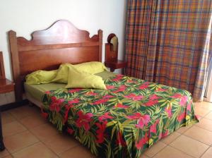 ein Schlafzimmer mit einem Bett mit einer grünen und roten Decke in der Unterkunft Les Studios Kazado in Sainte-Anne