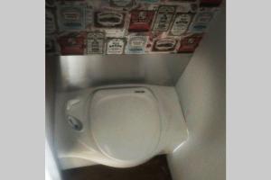 a white toilet in a bathroom with stickers on the wall at Glamp in Style in an Unique Horsebox Home in Battle
