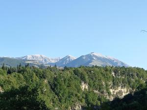 a mountain with trees and snow capped mountains in the background at La casa dalle finestre blu in Abbateggio