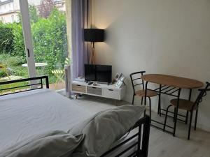 Appartement avec jardin privatif في ألبي: غرفة نوم بسرير وطاولة وتلفزيون