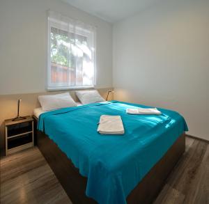 1 dormitorio con cama azul y ventana en Fövenyes House, en Balatonudvari