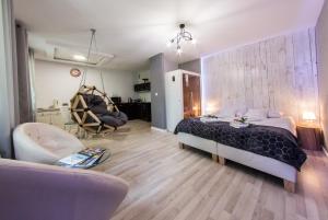 カルパチにあるApartamenty hoteLOVE z saunąのベッドルーム1室(ベッド1台付)、リビングルームが備わります。
