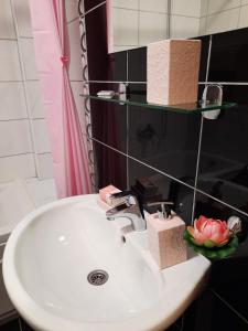 a bathroom with a sink with toiletries on it at Apartman Natasha in Trebinje +32 photos