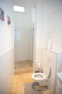 biała łazienka z toaletą i prysznicem w obiekcie Heart of Vienna - City Apartment w Wiedniu +12 zdjęć