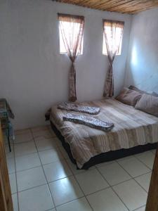 a bedroom with a bed with two windows at Non Stop Adventures Weaver Cottage in Pietermaritzburg