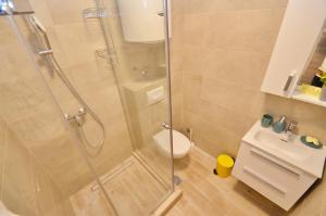 uma casa de banho com um chuveiro, um WC e um lavatório. em Casa del Sole Lux em Kotor