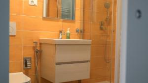 a bathroom with a sink and a shower at Via Garibaldi 75 - Attic sea view in Camogli