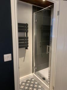 a shower with a glass door in a bathroom at Min-Y-Fford sleeps 6 plus pet in Newport Pembrokeshire