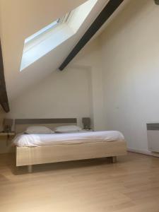 a bed in a white room with a skylight at Treilles'Appart in Lille