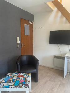 a living room with a chair and a television at Treilles'Appart in Lille