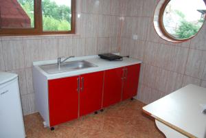 baño con lavabo y armario rojo en Vila Silvia, en Eforie Sud