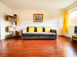 a living room with a couch with two yellow pillows at Glasgow Green Park Home in Glasgow
