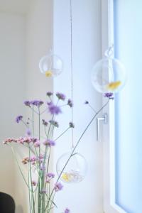 um vaso cheio de flores ao lado de uma janela em Rotes Haus Bregenz Garten Wohnung em Bregenz