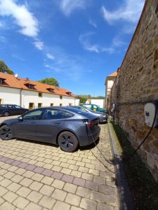 ein Auto, das neben einer Ziegelmauer parkt in der Unterkunft Hotel Čertousy in Prag