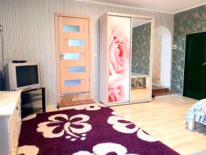 クロプィウヌィーツィクィイにあるЯновского 2кのベッドルーム1室(紫色の敷物、スライドドア付)