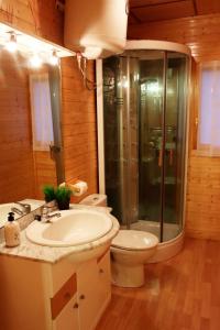 łazienka z toaletą, prysznicem i umywalką w obiekcie MI CASA DE MADERA w mieście Paúl