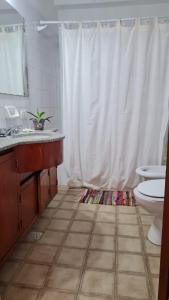 a bathroom with a toilet and a shower curtain at El Chabot Fan in Salta
