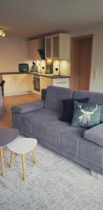 uma sala de estar com um sofá cinzento e uma cozinha em Ferienwohnung Probst em Ellenz-Poltersdorf