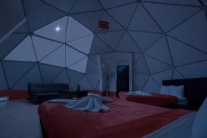 a room with two beds and a geometric ceiling at Hotel & Glamping Huasca Sierra Verde in Huasca de Ocampo