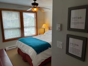 um quarto com uma cama com um cobertor azul e uma janela em Panorama Springs em Panorama