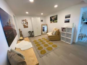 a living room with a couch and a chair at Schwarzwald Boutique-Apartment HAUS REHGARTEN in Gaggenau