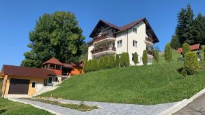 a large house on top of a grassy hill at Vila Eduard in Fundata