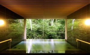 a room with a window with a view of a forest at Tateshina Grand Hotel Takinoyu in Chino +92 photos