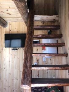a set of wooden stairs in a room with a television at Solanas de Uspallata in Uspallata