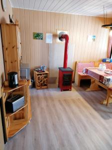 - un salon avec un tuyau rouge dans une pièce dans l'établissement Ferienhaus Hüfler 59, à Kelbra