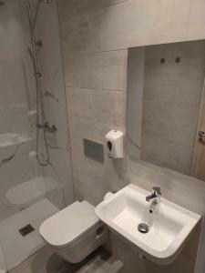 bagno con lavandino, servizi igienici e specchio di A Pousa do Asma a Chantada