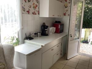 a kitchen with a white counter and a sink at Le Petit Chalet in Bagnoles de l'Orne