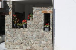 a stone wall with potted flowers in a window at Tsangaris House in Action in Limassol