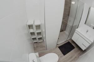 a white bathroom with a toilet and a shower at Charming loft next to wonders of Cordoba in Córdoba