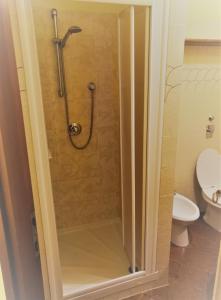 uma cabina de duche na casa de banho com WC em Il nido di Asia CIR N0310 em Breuil-Cervinia