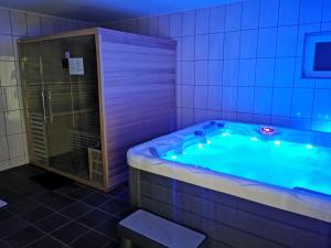 La salle de bains est pourvue d'une baignoire jacuzzi et de lumières bleues. dans l'établissement Ókerka Vendégház, à Csesztreg