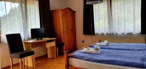 Schlafzimmer mit einem Bett und einem Schreibtisch mit einem TV in der Unterkunft Grüner Baum in Neckargerach