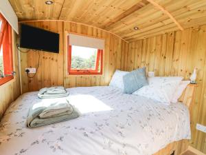 蘭德林多德威爾斯的住宿－Claerwen，小木屋内一间卧室,配有一张床