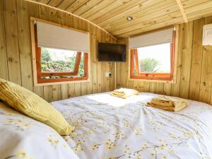 1 dormitorio con 1 cama en una cabaña de madera en Elan, en Llandrindod Wells