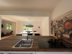 cocina con fregadero y sala de estar. en Haus-amBrunnen en Nothweiler