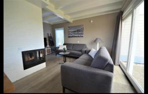 ein Wohnzimmer mit einem Sofa und einem Kamin in der Unterkunft Kustverhuur, Park Schoneveld, Zeester 25 in Breskens