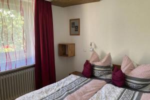 a bedroom with a bed with pillows and a window at Gemütliche Ferienwohnung in Sankt Blasien in St. Blasien