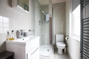 a bathroom with a toilet and a sink and a shower at Elegant Georgian apartment near Clifton Village in Bristol