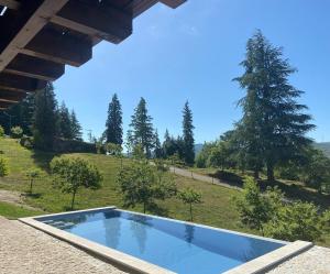 a swimming pool with a view of a field and trees at Quinta OUTONO DOURADO in Montalegre