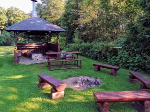 einen Picknickbereich mit Bänken, Grill und Pavillon in der Unterkunft Chalupa U Zezulků in Králíky