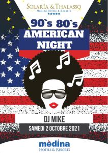 Um cartaz de um concerto nocturno americano com uma bandeira americana. em Medina Solaria And Thalasso em Hammamet